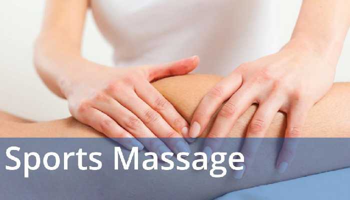 Massage therapy to the knee being done by a trained person with Sports Massage text written.